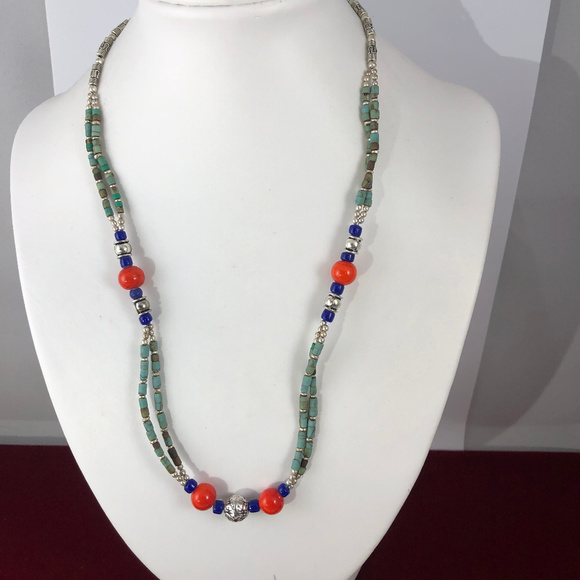 Turquoise Coral Silver Beads Necklace Summer Time - Picture 1 of 4
